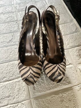 Sergio Rossi Zebra-Print Beige and Black Slingback Peep-Toe Heels
